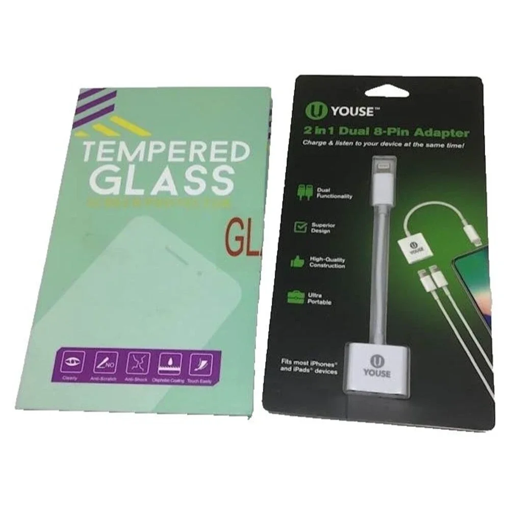 U Youse 2 in 1 Dual 8-Pin Adapter Charge Iphone 11 Ipad Tempered Glass NEW